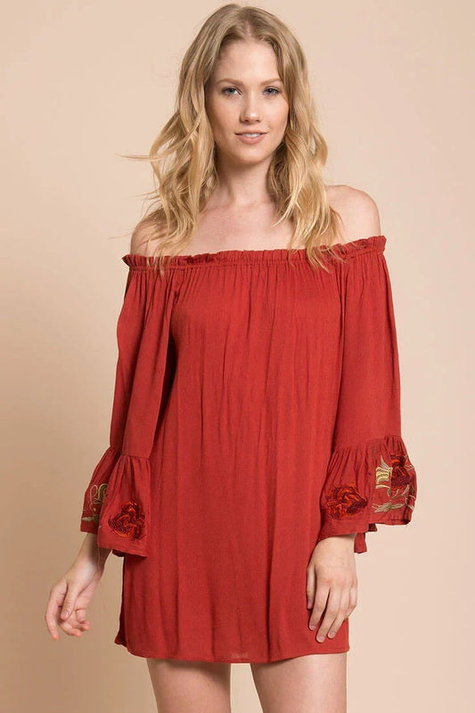 Rust Off-the-Shoulder Embroidered Bell-Sleeve Loose Mini Dress