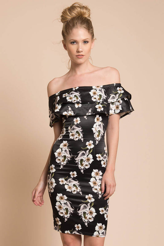 Black Off-the-Shoulder Floral Print Ruffle Bodycon Dress