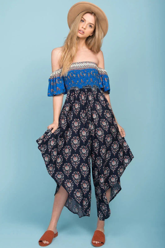 Navy Off-the-Shoulder Printed Maxi Romper