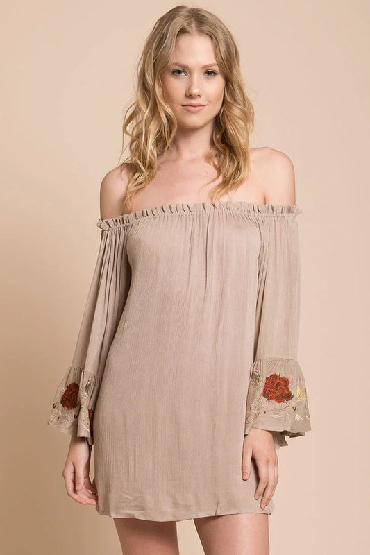 Taupe Off-the-Shoulder Embroidered Bell-Sleeve Loose Mini Dress