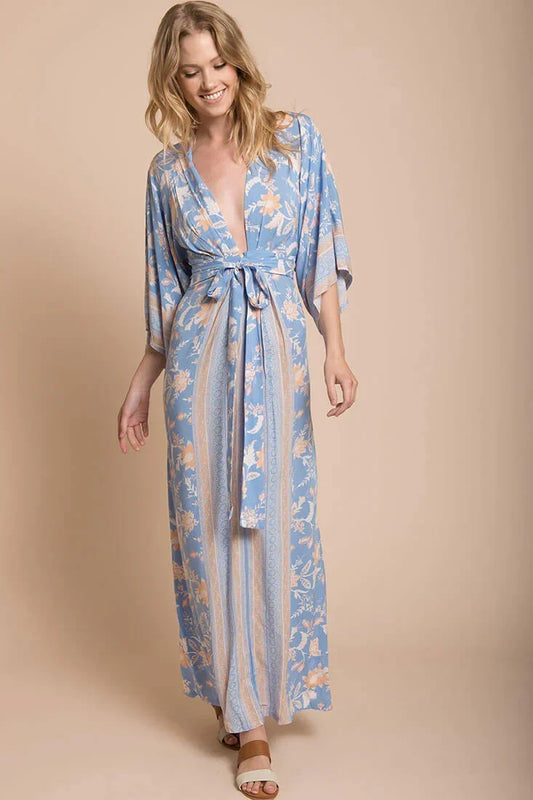 Blue V-Neck Floral Print Kimono Sleeve Maxi Dress with Tie Belt