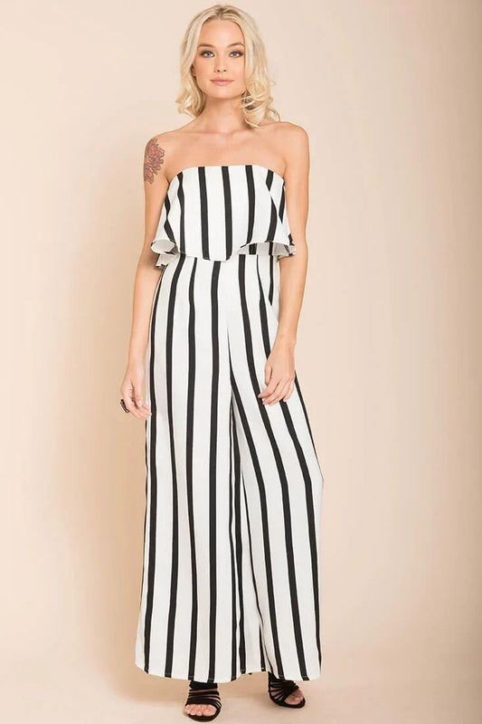 Black and White Striped Strapless Ruffle Wide-Leg Jumpsuit