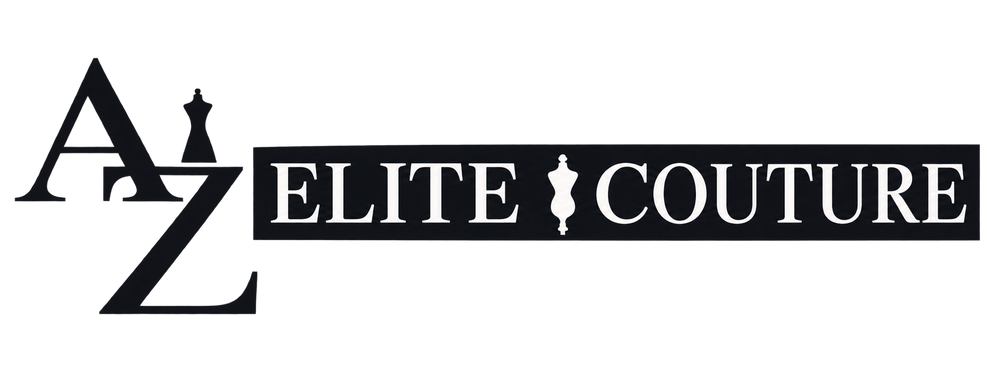 Black and white logo for 'AZ Elite Couture' featuring stylized letters 'AZ' with a dress form icon on top, and the words 'ELITE COUTURE' inside a black rectangular block.