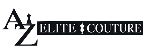 Black and white logo for 'AZ Elite Couture' featuring stylized letters 'AZ' with a dress form icon on top, and the words 'ELITE COUTURE' inside a black rectangular block.